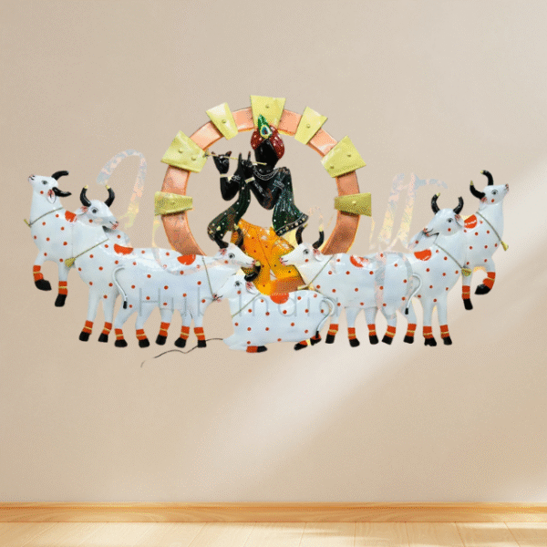 Lord Krishna with Sacred Cows – Handcrafted Metal Wall Art