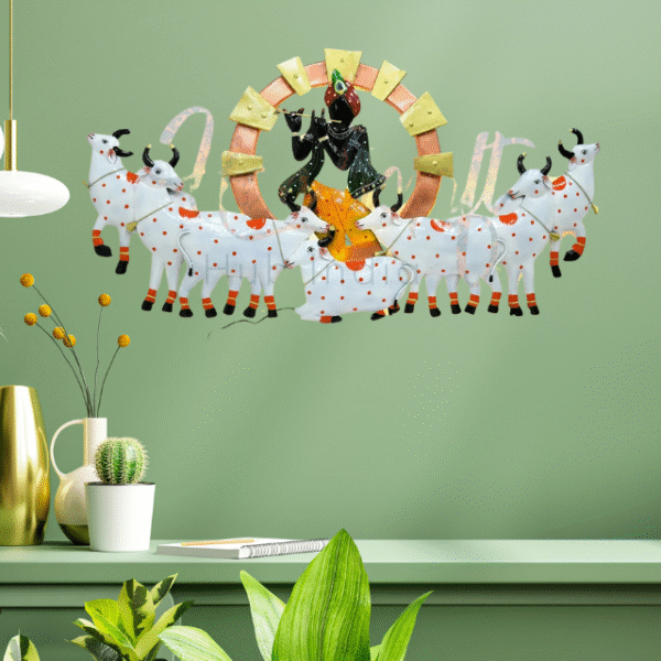 Lord Krishna with Sacred Cows – Handcrafted Metal Wall Art - Image 2