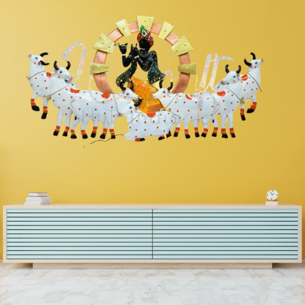 Lord Krishna with Sacred Cows – Handcrafted Metal Wall Art - Image 3